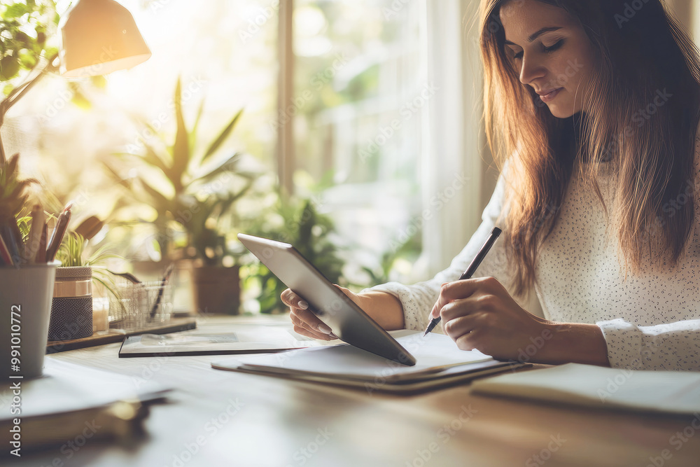 A woman sitting at desk taking notes on paper while using a digital tablet surrounded by plants and bathed in natural sunlight. A woman sitting at desk taking notes on paper while using a digital tablet surrounded by plants and bathed in natural sunlight.