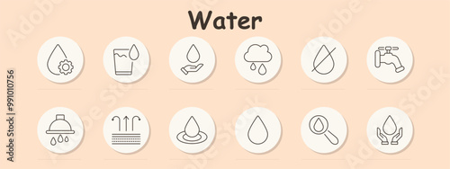 Water set icon. Water drop, glass, hand holding drop, cloud rain, no water symbol, faucet, filtration, research, hands, conservation, liquid resource, rainwater collection
