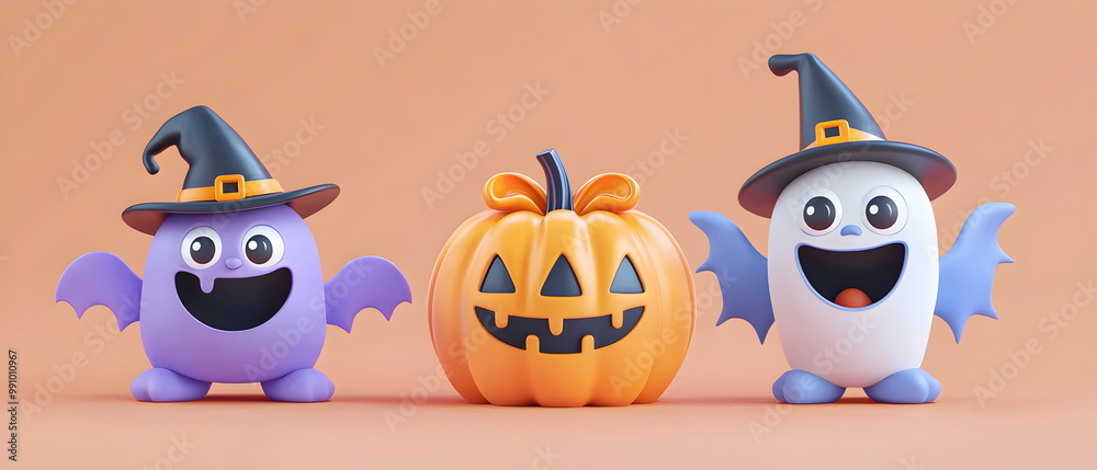 set of 3 Halloween cute characters in 3d clay design, including a gift box in a kawaii Happy Halloween concept, adorable and festive, isolated on a clean background set of 3 Halloween cute characters in 3d clay design, including a gift box in a kawaii Happy Halloween concept, adorable and festive, isolated on a clean background