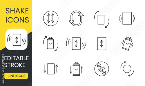 Shake a can of polyurethane foam, vector line icon set with editable stroke