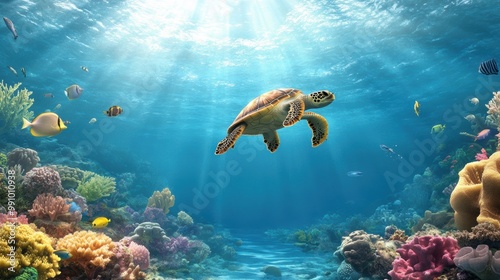 Majestic Sea Turtle Swimming Through Vibrant Coral Reef