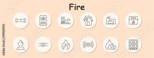 Fire set icon. Gasoline pump, house with flames, propane tanks, stove, fire alarm, gas pipeline, fire risk, protection, fuel storage, gas alarm, energy hazard, cooking safety