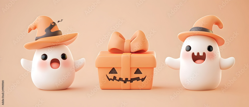 set of 3 Halloween cute characters in 3d clay design, including a gift box in a kawaii Happy Halloween concept, adorable and festive, isolated on a clean background set of 3 Halloween cute characters in 3d clay design, including a gift box in a kawaii Happy Halloween concept, adorable and festive, isolated on a clean background