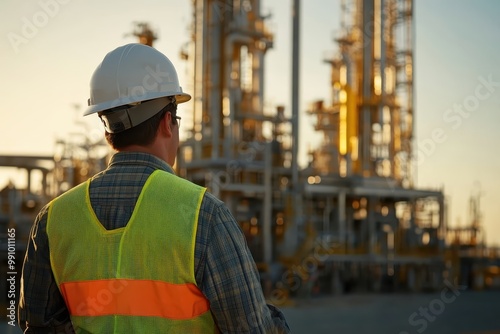 A worker in safety gear observes an industrial facility at sunset.