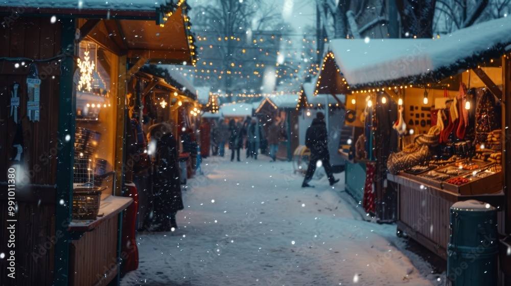 Naklejka premium A vibrant outdoor market enveloped in a magical snowfall, filled with illuminated stalls and visitors enjoying the festive ambiance and holiday cheer.