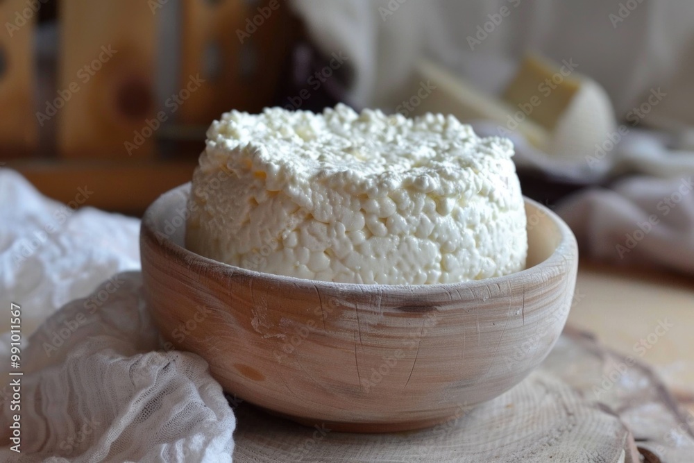 Homemade Cheese Delight: Fresh Organic White Cheese in a Chopping Bowl