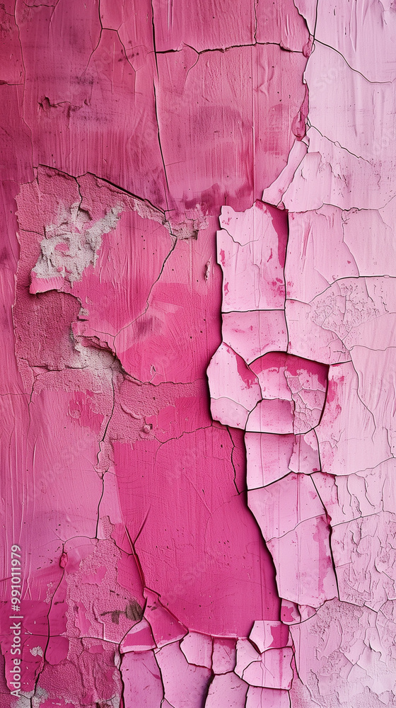 Naklejka premium Cracked pink paint on an aged surface with peeling layers. This abstract, distressed texture adds depth and character to any creative project.