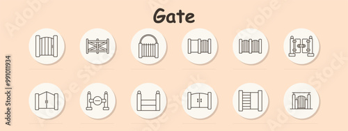 Gate set icon. Wooden, cross, arched, entrance, fence, security gate, double door, iron, closed, garden, wooden fence, entryway, barrier, boundary