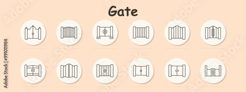 Gate set icon. Wooden, cross, arched, entrance, fence, security gate, double door, iron, closed, garden, wooden fence, entryway, barrier, boundary