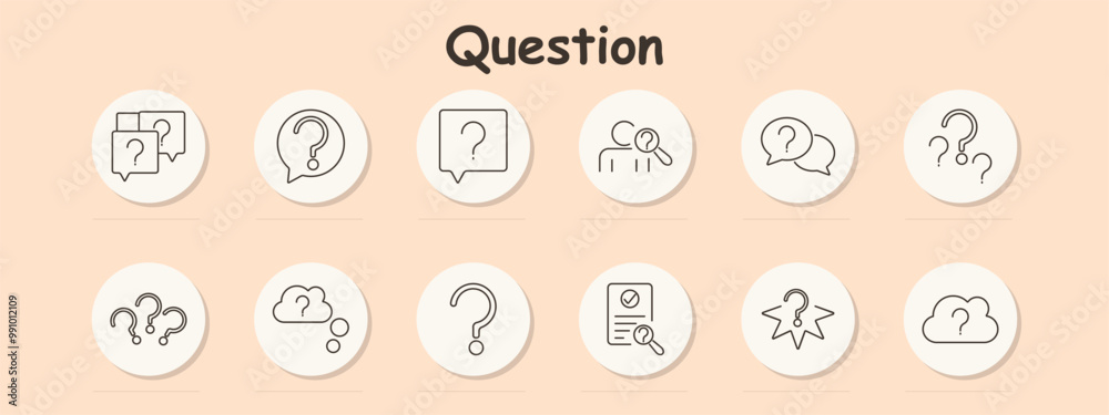Question set icon. Speech bubble, magnifying glass, question mark, cloud, checklist, person, puzzle, doubt, inquiry, investigation, solution, mystery, answer, confusion, search Question set icon. Speech bubble, magnifying glass, question mark, cloud, checklist, person, puzzle, doubt, inquiry, investigation, solution, mystery, answer, confusion, search