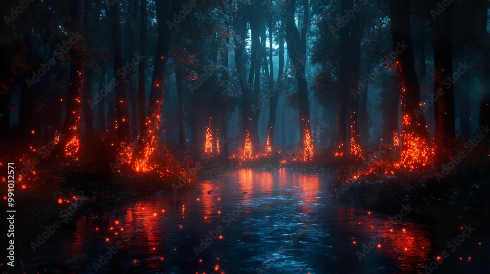 Dark forest glowing softly neon flowers scattered across its landscape picture Dark forest glowing softly neon flowers scattered across its landscape picture