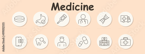 Medicine set icon. Pill, stomach, thermometer, doctor, DNA, ambulance, mobile consultation, tooth, nurse, capsule, hospital, first aid.
