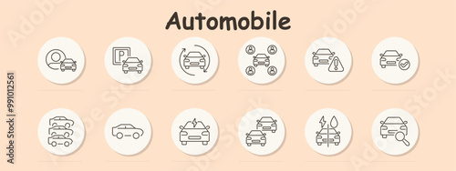 Automobile set icon. Car owner, parking, rotation, carpool, alert, check, vehicle lineup, electric car, car inspection, fluid check, car service.