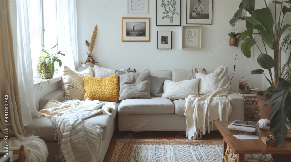 Fototapeta premium Cozy living room bathed in natural light, featuring a white sectional sofa adorned with assorted neutral and mustard colored cushions and blankets.