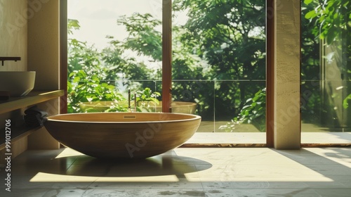 Luxurious bathroom with a large oval bathtub, glass walls opening to a lush green garden, inviting relaxation and connection with nature.