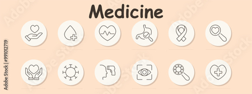 Medicine set icon. Heart in hand, blood drop, heart health, stomach check, cancer ribbon, heart search, immune system, temperature check, eye test, virus search, medical support.
