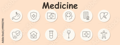 Medicine set icon. Stomach, health shield, medical folder, brain, certificate, liver check, tooth, hospital, test tube, IV drip, medical chat, human body
