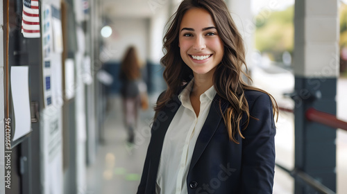 Portrait of American female poll worker. Happy beautiful young brunette woman in suit standing at US ballot station. generative ai.