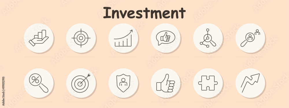 Investment set icon. Hand with bar chart, target, growth chart, approval, network, magnifying glass, percentage, bullseye, shield, thumbs up, puzzle piece, upward arrow. Investment set icon. Hand with bar chart, target, growth chart, approval, network, magnifying glass, percentage, bullseye, shield, thumbs up, puzzle piece, upward arrow.