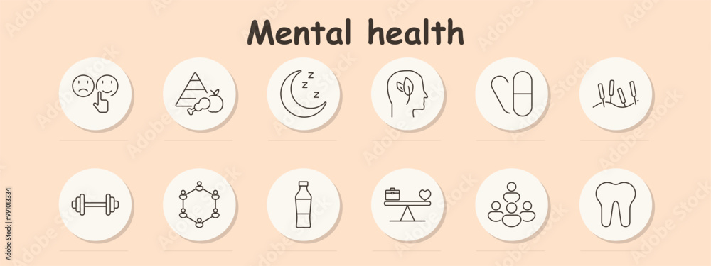 Mental health set icon. Emotions, nutrition pyramid, sleep, ear with mind, pill, acupuncture needles, dumbbell, circle of people, water bottle, work-life balance, group therapy, tooth.