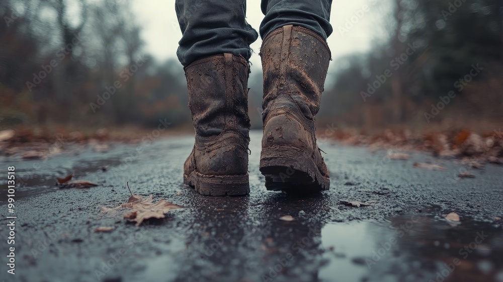 The camera captured from behind a pair of worn-out boots walking on a cobblestone road in Alabama, emphasizing the soft colors of the environment and the feeling of traveling in dim light The camera captured from behind a pair of worn-out boots walking on a cobblestone road in Alabama, emphasizing the soft colors of the environment and the feeling of traveling in dim light