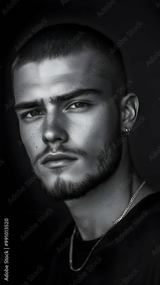 Obraz premium Close-up Portrait Shows Man with Shaved Head and Goatee on Black Background