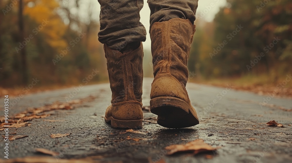 The camera captured from behind a pair of worn-out boots walking on a cobblestone road in Alabama, emphasizing the soft colors of the environment and the feeling of traveling in dim light The camera captured from behind a pair of worn-out boots walking on a cobblestone road in Alabama, emphasizing the soft colors of the environment and the feeling of traveling in dim light