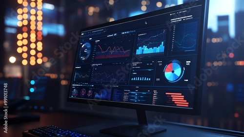 Computer monitor displaying an abstract network visualization

 photo