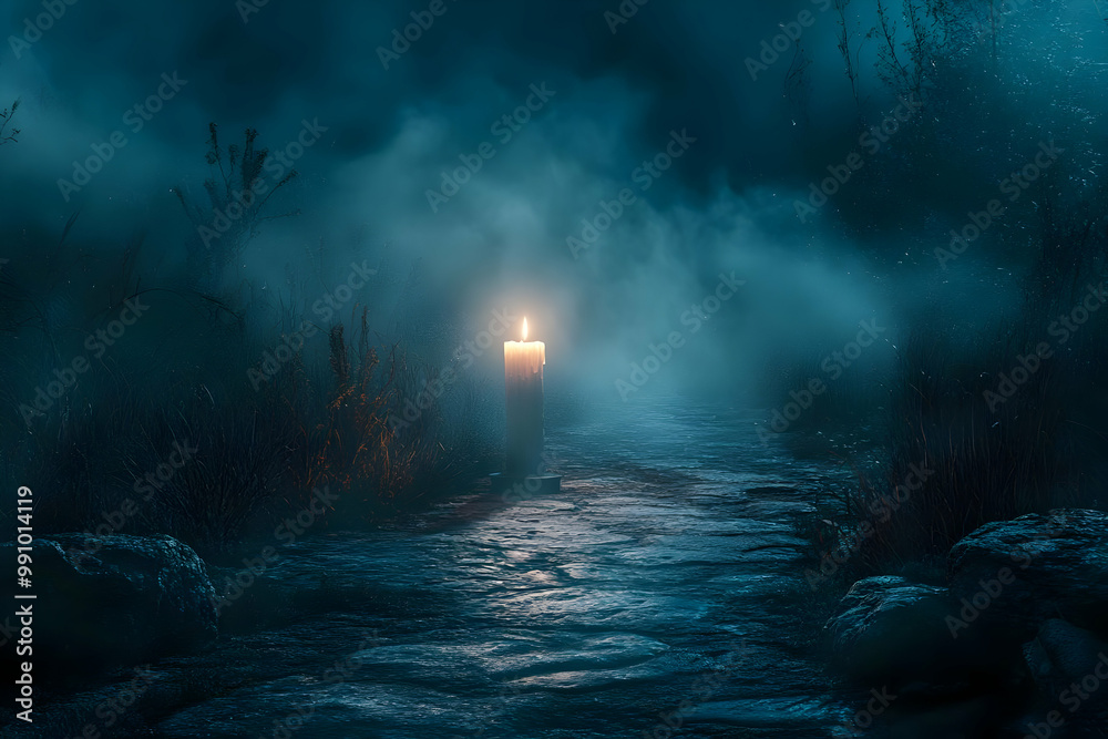 Lonely Candle Illuminates a Foggy Path in a Dark Forest Lonely Candle Illuminates a Foggy Path in a Dark Forest