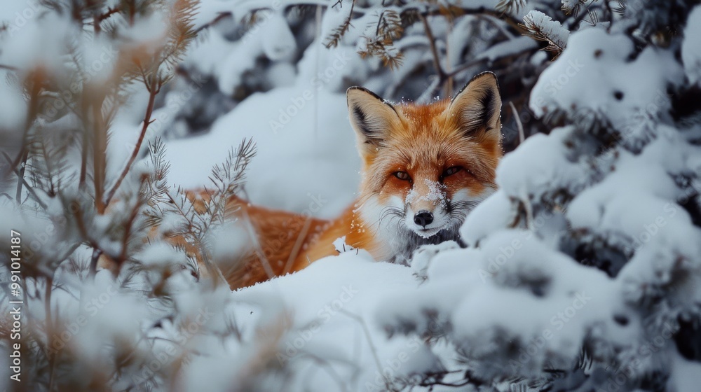 A red fox peeks through snow-covered branches of a forest, its piercing eyes locked on something hidden beneath the blanket of white. A red fox peeks through snow-covered branches of a forest, its piercing eyes locked on something hidden beneath the blanket of white.