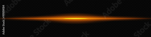 Glowing golden orange laser beam horizontally across a dark transparent background, creating a futuristic and high-tech visual effect. Neon flare, laser lines of light. On a transparent background.