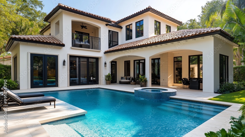 Fototapeta premium A beautiful two-story, luxurious home in the Miami area with an outdoor pool and large windows