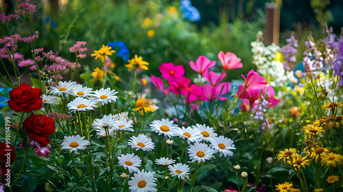 Colourful summer flowers like daisies, lilies, and roses blooming in a garden