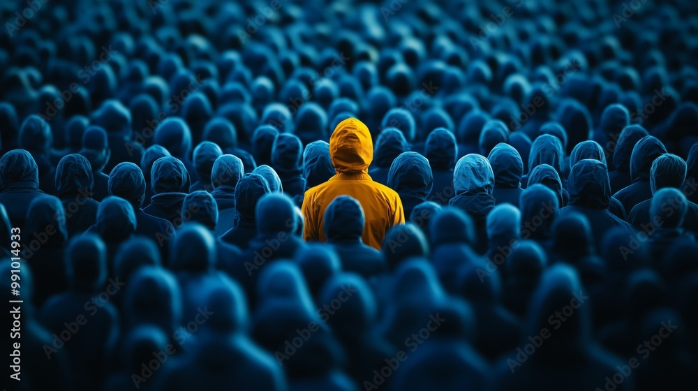Obraz premium A blue crowd of people with one person in yellow standing out, symbolizing the concept of individuality and distinctive features among the many
