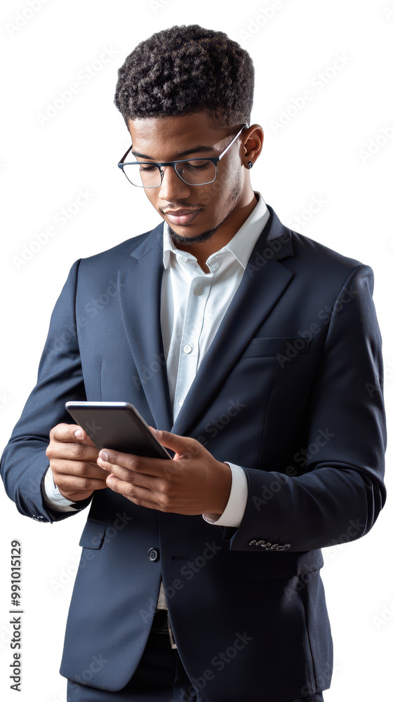 Businessman in a Blue Suit Using a Tablet - Isolated on White Background., transparent background, PNG file Businessman in a Blue Suit Using a Tablet - Isolated on White Background., transparent background, PNG file