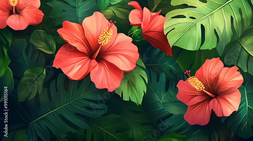 background with tropical hibiscus flowers and lush, green foliage