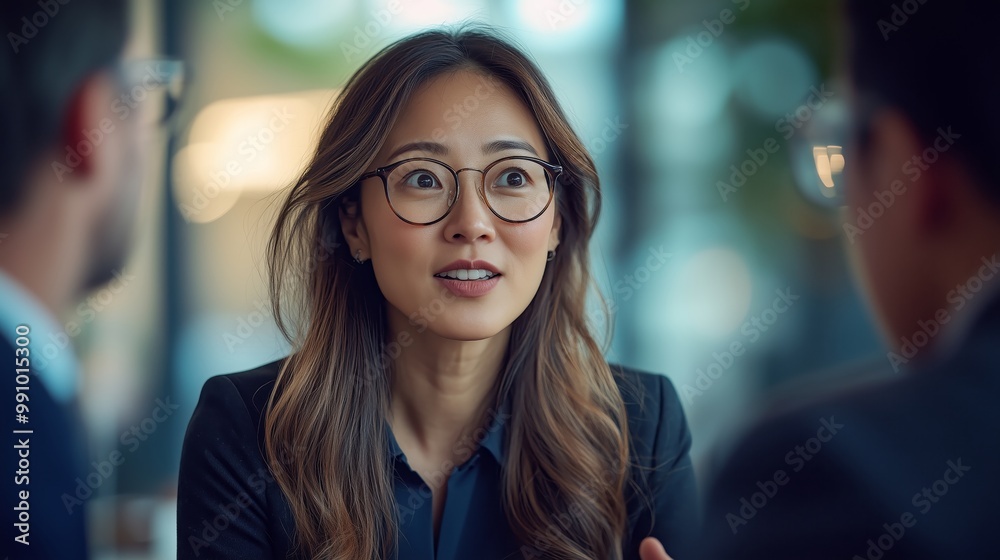 An Asian woman in her late thirties, wearing glasses and business attire with long hair, speaking excitedly to two male team members while making gestures. An Asian woman in her late thirties, wearing glasses and business attire with long hair, speaking excitedly to two male team members while making gestures.
