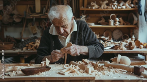 An elderly man, surrounded by wooden crafts and tools, meticulously works on a detailed woodworking project.