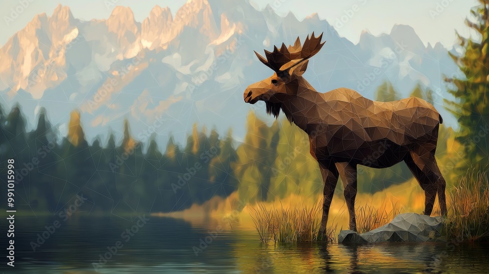 Geometric Baby Moose by Mountain Lake - Abstract Polygonal Wildlife Concept with Scenic Landscape Background Geometric Baby Moose by Mountain Lake - Abstract Polygonal Wildlife Concept with Scenic Landscape Background