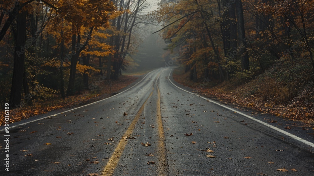Obraz premium A winding road disappearing into the misty woods, surrounded by autumn leaves, invites contemplation and a mysterious allure.