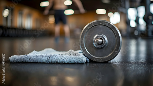 A dumbbell rests on a gym floor next to a towel, symbolizing fitness and workout motivation. photo