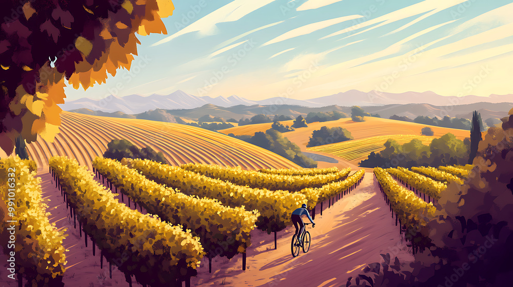Fototapeta premium Charming background with a cyclist exploring a picturesque vineyard, featuring rows of grapevines, rolling hills, and a scenic trail