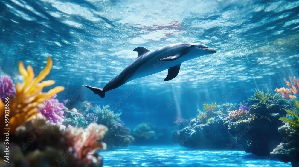 Naklejka premium Graceful Dolphin Swimming in Vibrant Coral Reef