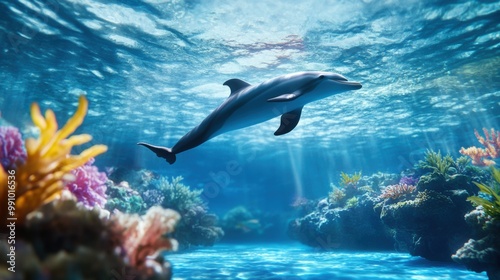 Graceful Dolphin Swimming in Vibrant Coral Reef