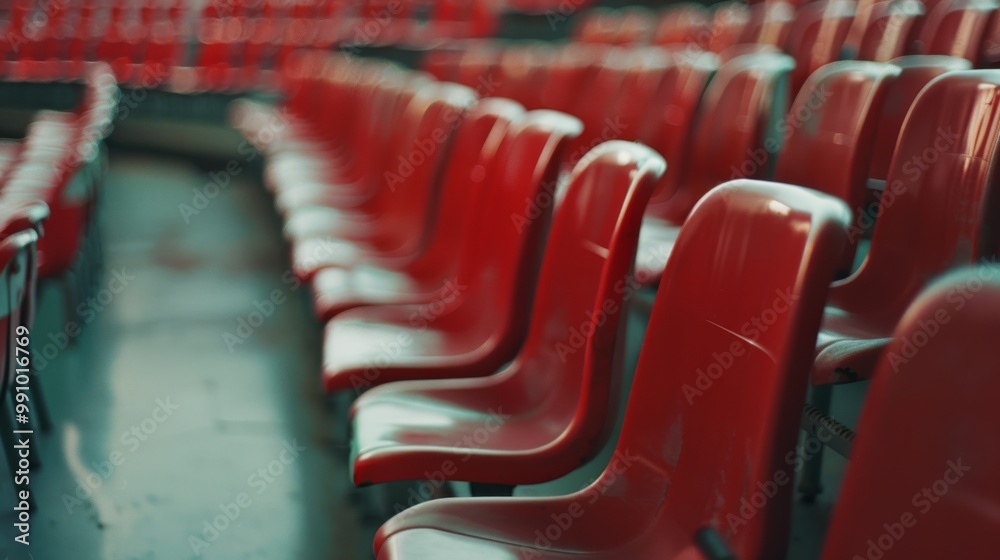 Naklejka premium Rows of empty red chairs in a theater, evoking a sense of anticipation and the excitement of pending performances.