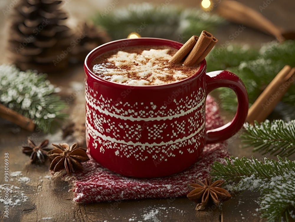 Festive Winter Holiday Mug of Hot Chocolate with Cinnamon on Snowy Pine Background Creating Cozy Seasonal Atmosphere. Festive Winter Holiday Mug of Hot Chocolate with Cinnamon on Snowy Pine Background Creating Cozy Seasonal Atmosphere.