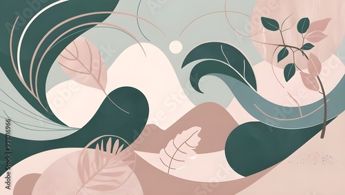 abstract nature-inspired scene using organic curves and flowing lines that resemble natural elements like waves, leaves, and mountains.