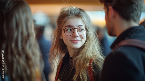Wallpaper Mural A group of young professionals engaged in lively conversation at an international conference, showcasing the dynamic and diverse atmosphere within their professional network Torontodigital.ca