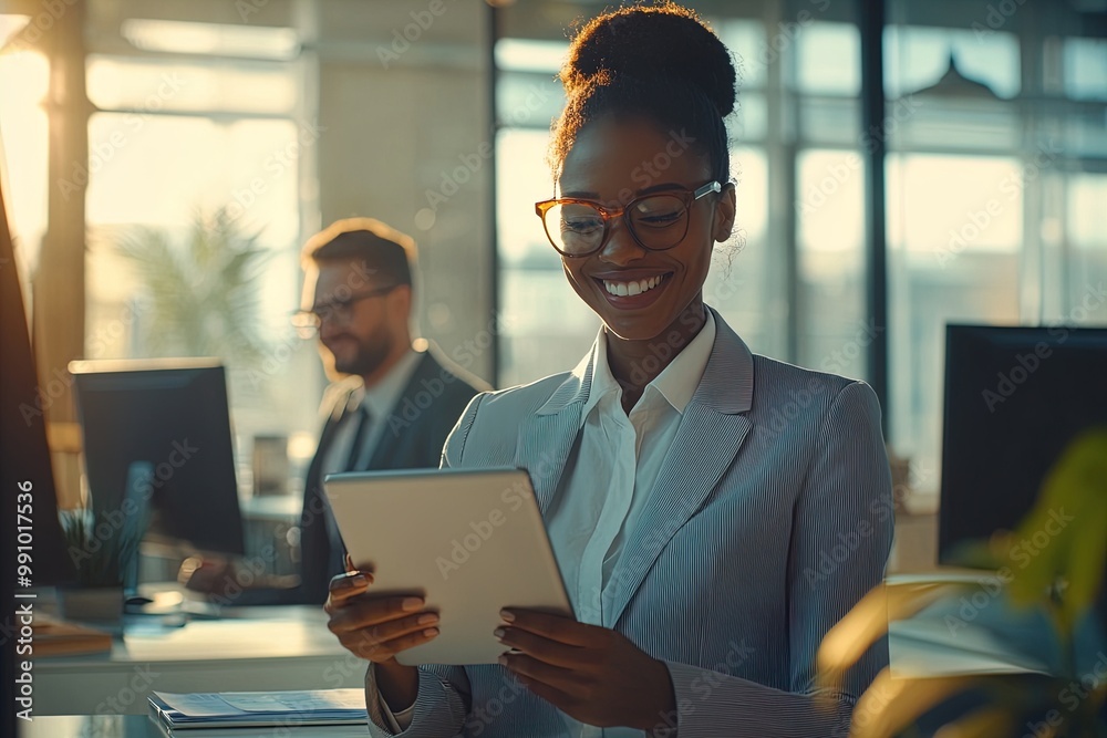 A Businesswoman Smiles While Using a Tablet in a Modern Office Setting During the Afternoon Light With Colleagues in Background
