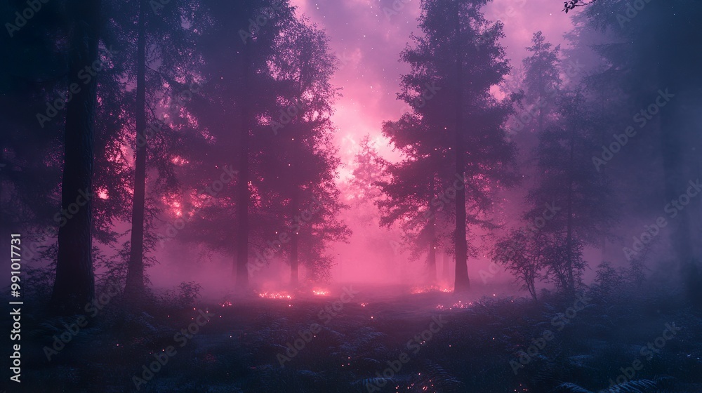 Glowing neon flowers scattered through dark silent forest picture Glowing neon flowers scattered through dark silent forest picture